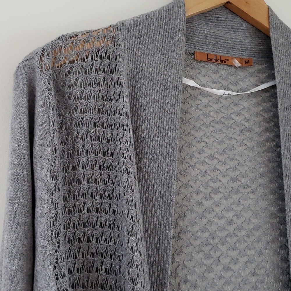 Belldini Womens open front hi-low gray cardigan sweater. 